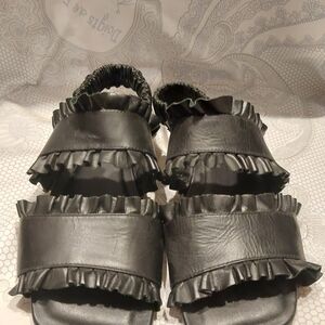 John Fluevog Black Ruffle Sandals